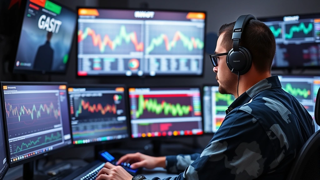 Cryptocurrency miner working at control station monitoring multiple screens displaying hash rates and mining statistics, professional mining operation dashboard