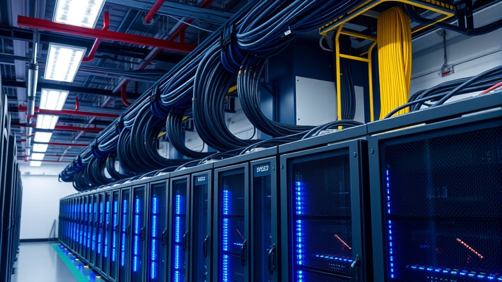 Modern ASIC mining hardware in industrial facility with blue LED indicators and organized cable management, showing rows of mining equipment in climate-controlled environment