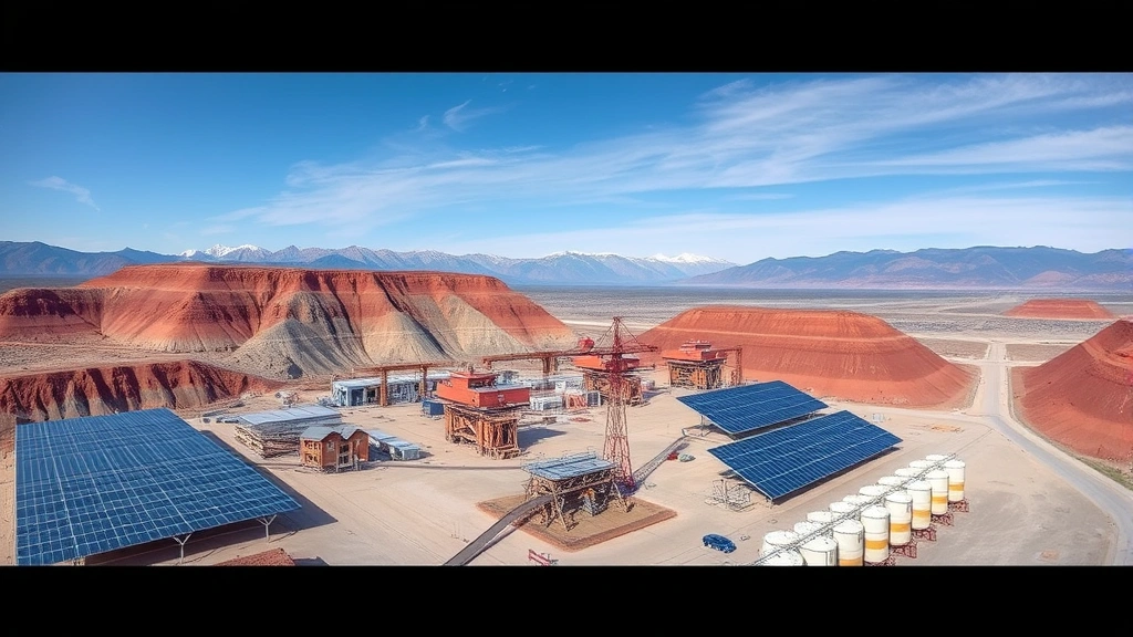 Aerial view of large-scale mining operation powered by renewable energy with solar panels visible, showing industrial facility in remote location with mountains in background