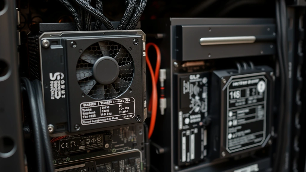 Close-up of mining rig components including power supplies and cooling systems, with circuit boards and technical specifications visible but no text readable