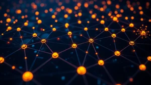 Photorealistic image of Bitcoin blockchain network with glowing nodes and data pathways, showing interconnected nodes processing transactions, dark blue and orange color scheme, no text or labels