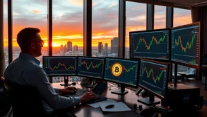 Professional cryptocurrency trader analyzing Bitcoin charts on multiple monitors in a modern Nashville office with floor-to-ceiling windows showing the city skyline at sunset, surrounded by blockchain-related materials and tech equipment