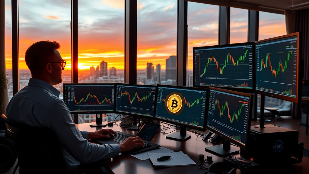 Professional cryptocurrency trader analyzing Bitcoin charts on multiple monitors in a modern Nashville office with floor-to-ceiling windows showing the city skyline at sunset, surrounded by blockchain-related materials and tech equipment