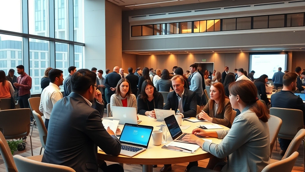 Professional networking event in modern conference hall with diverse attendees discussing blockchain technology around tables with laptops and notepads, warm lighting, contemporary architecture