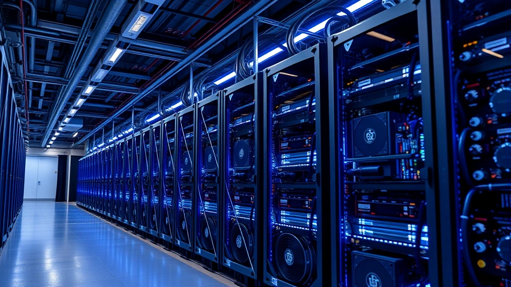 Professional bitcoin mining operation with rows of ASIC hardware and cooling systems, illuminated by blue LED lights in a modern industrial facility, photorealistic