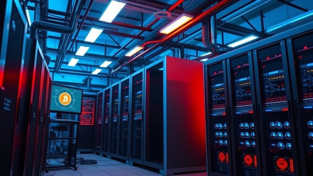 Professional Bitcoin mining operation with computer servers and cooling systems in a modern facility, blue and orange accent lighting, digital cryptocurrency visualization on screens