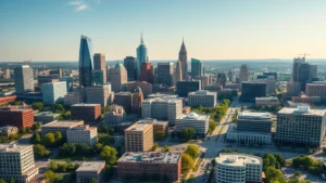 Aerial view of Nashville skyline with modern buildings and green spaces, representing financial district and tech innovation hub, daytime photography, cinematic lighting