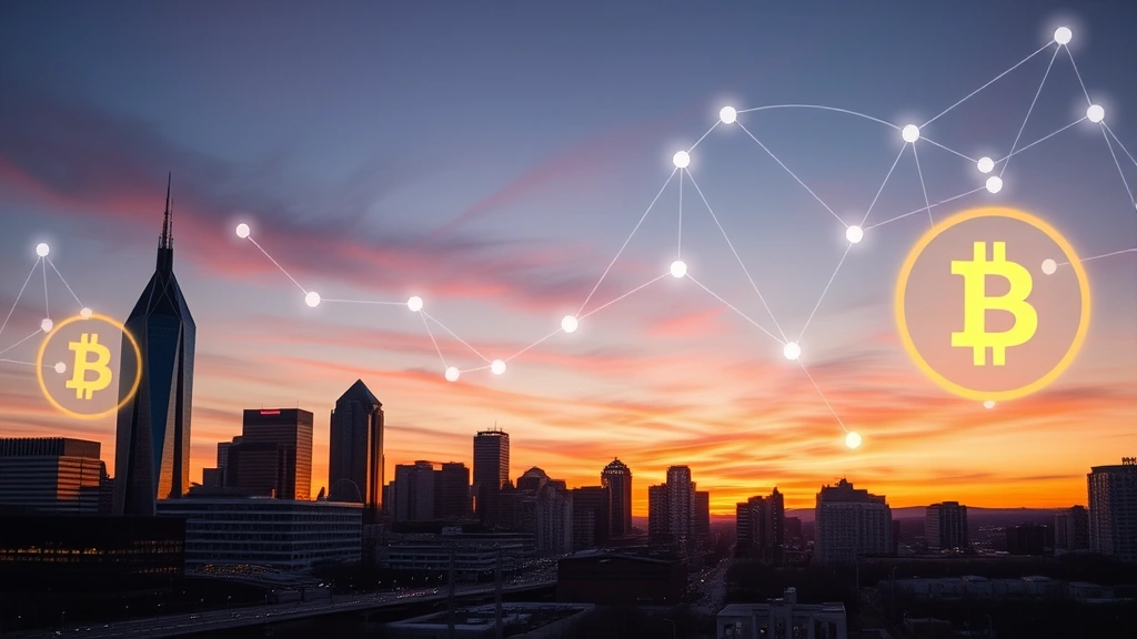 Modern Nashville skyline at sunset with glowing cryptocurrency symbols and blockchain networks overlaid, professional financial district atmosphere, no text or numbers visible