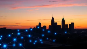 Nashville skyline at sunset with digital blockchain network nodes overlaid in blue light, representing cryptocurrency infrastructure and financial innovation in the city