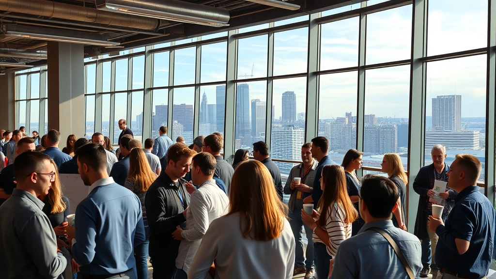 Photorealistic image of Bitcoin conference attendees networking in a modern Nashville venue with floor-to-ceiling windows overlooking the city skyline, people holding coffee cups and discussing in small groups