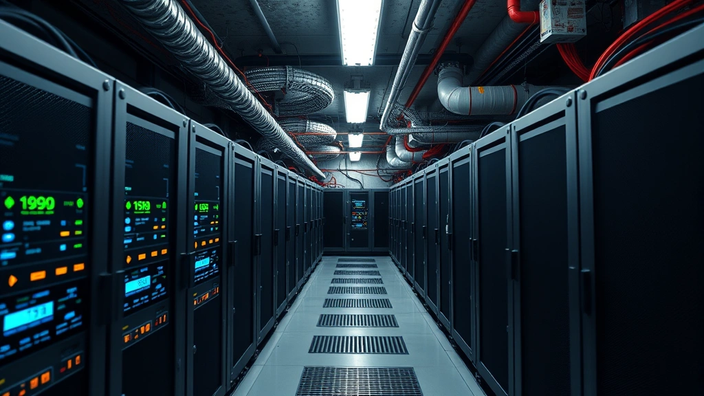 Underground Bitcoin mining facility with rows of ASIC mining rigs powered by clean hydroelectric energy, displaying temperature monitoring systems and industrial cooling equipment in a secure Tennessee data center