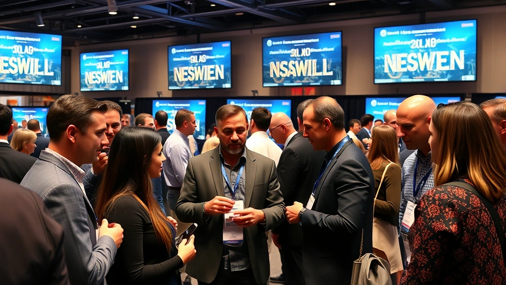Diverse group of professionals networking at a cryptocurrency conference in Nashville, exchanging business cards with blockchain presentations visible on screens behind them, photorealistic