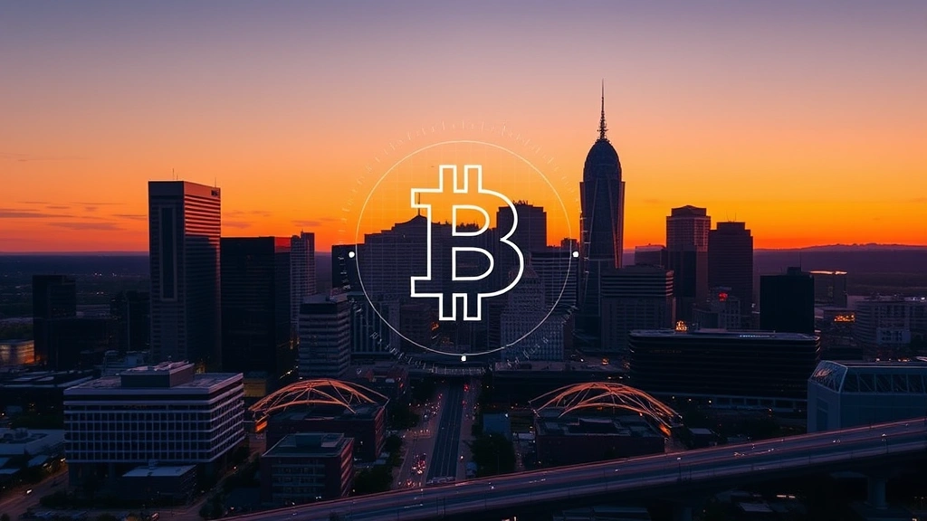 Nashville skyline at sunset with modern downtown buildings, digital Bitcoin symbol overlaid as hologram above the cityscape, warm golden hour lighting, tech-forward aesthetic