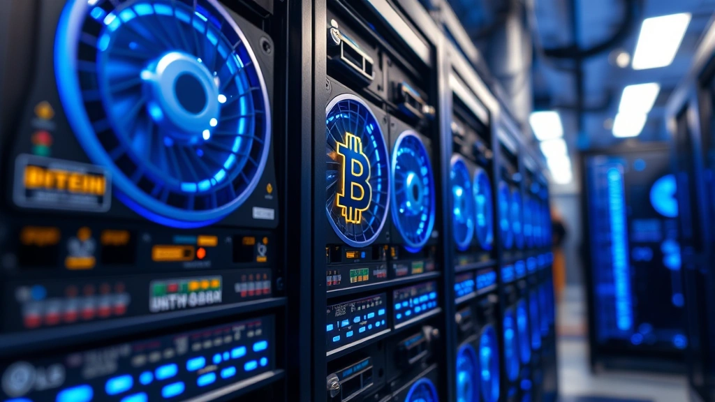 Close-up of Bitcoin mining ASIC hardware with blue LED lights and cooling systems, professional data center environment, showing technological sophistication and innovation