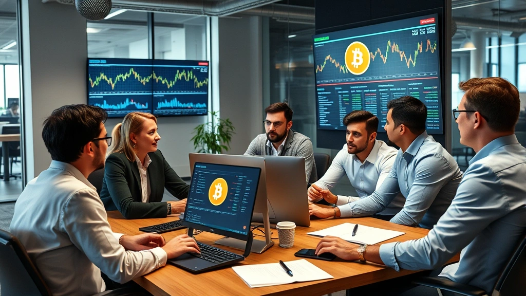 Diverse group of professionals in modern office setting reviewing Bitcoin data on screens and discussing blockchain strategy, contemporary workspace, no visible charts or tickers