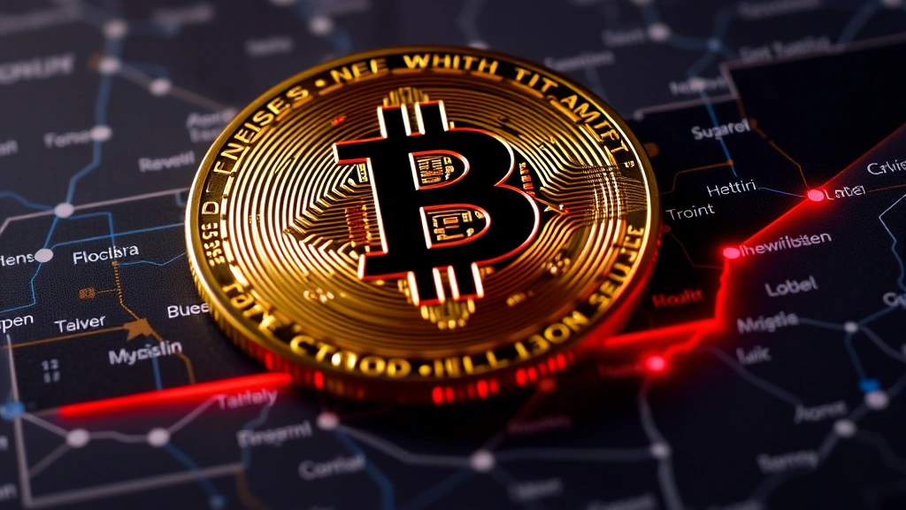 Close-up of Bitcoin physical coin on top of Tennessee state map with glowing network connections between major cities, symbolizing regional crypto adoption