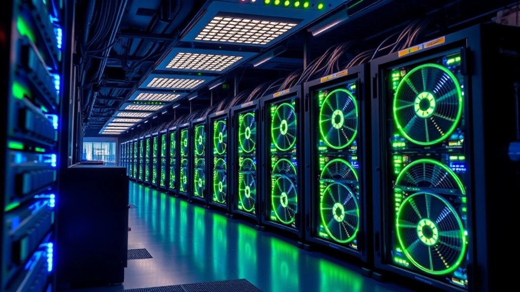 Professional photograph of cryptocurrency mining facility with rows of advanced ASIC mining rigs illuminated by blue and green lights, showcasing modern mining infrastructure and hardware