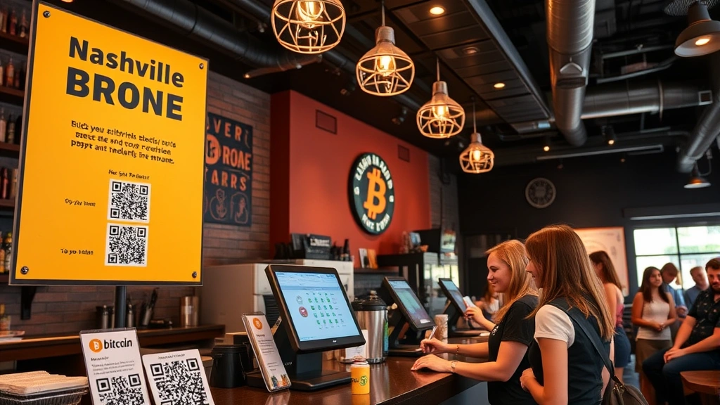 Nashville music venue or restaurant interior with Bitcoin payment signage and QR codes displayed at checkout counter, modern POS system, and customers conducting cryptocurrency transactions in an upscale establishment