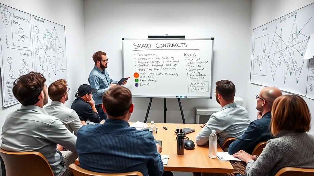 Small workshop setting with developer programmer explaining smart contracts on whiteboard to attentive group of participants, casual professional atmosphere, cryptocurrency diagrams visible on walls