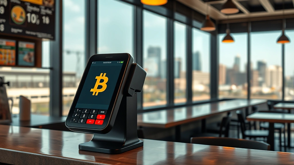 Cryptocurrency payment terminal displaying bitcoin symbol at a modern Nashville restaurant counter with city skyline visible through windows, photorealistic