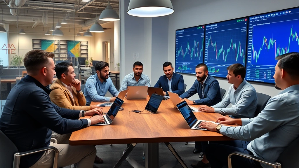 Diverse group of entrepreneurs and investors in a modern Nashville office space discussing blockchain technology around a table with laptops and cryptocurrency charts on walls