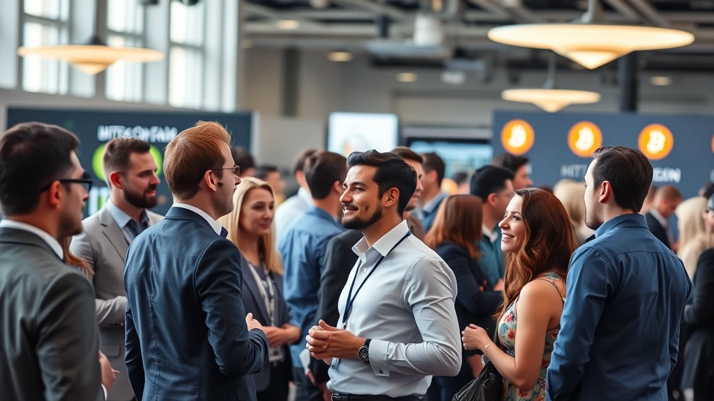 Diverse group of professionals in business casual attire networking at a tech conference venue, Bitcoin logos visible in background, collaborative atmosphere, natural lighting