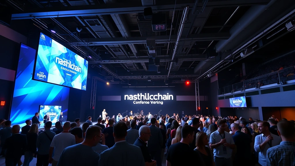 Nashville music venue transformed into blockchain conference space with attendees networking, contemporary interior design, technology-focused environment, no readable signs or text