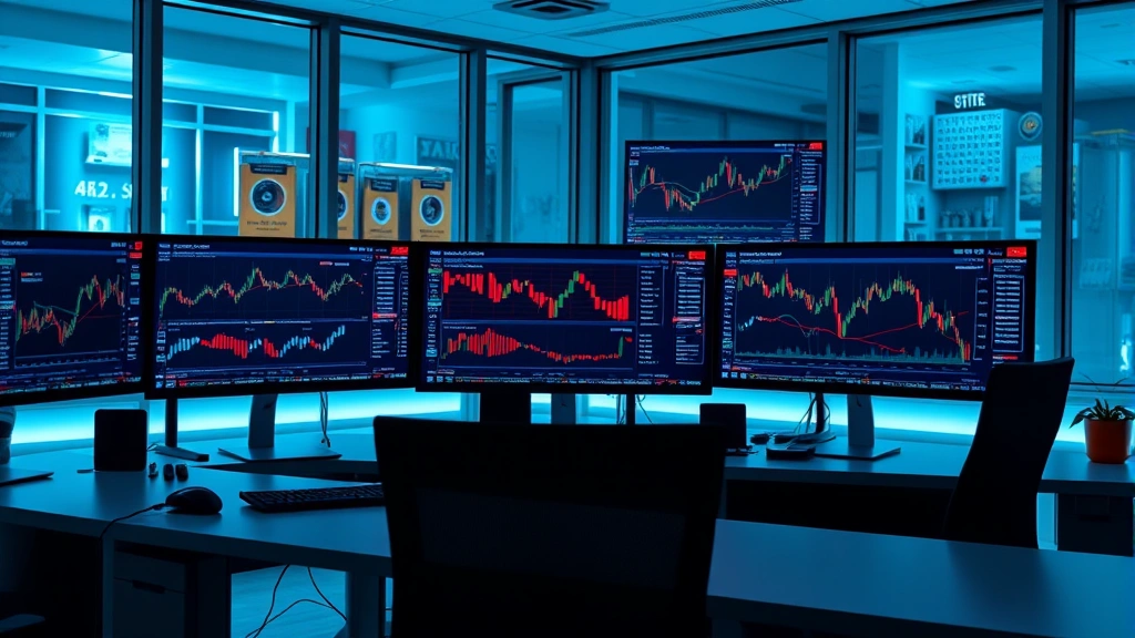 Modern office space with multiple computer monitors displaying cryptocurrency charts and blockchain data, professional environment for crypto business operations
