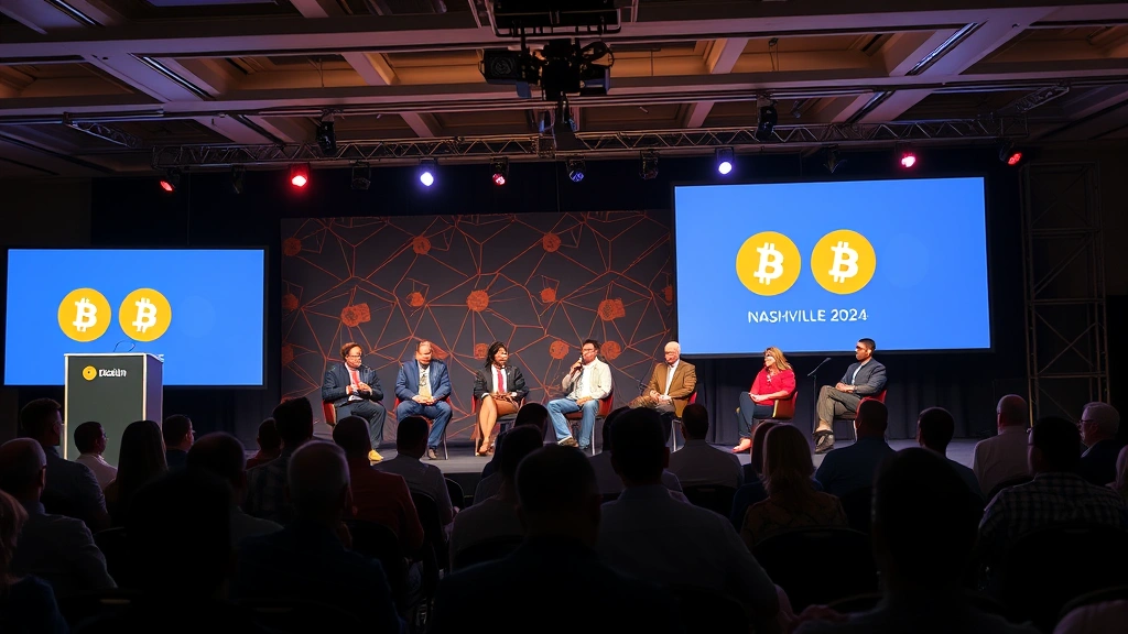 Photorealistic image of a diverse panel of speakers on stage at Bitcoin Nashville 2024 conference, with audience members viewing from seats, professional lighting and presentation screens visible