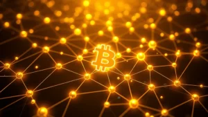 Photorealistic image of Bitcoin cryptocurrency blockchain network visualization with interconnected golden nodes and glowing digital pathways representing decentralized peer-to-peer transactions
