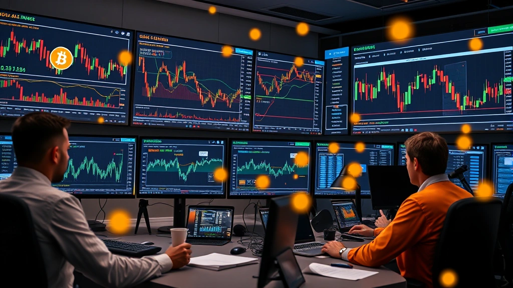 Cryptocurrency traders analyzing Bitcoin market data on multiple screens in a modern trading operations center with real-time price charts and market analysis tools visible