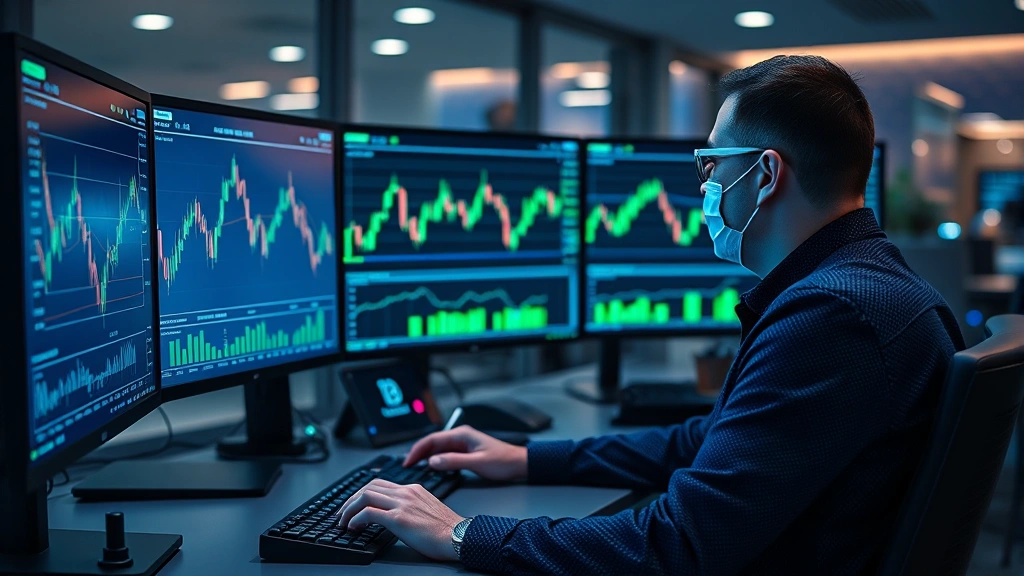 Professional cryptocurrency trader analyzing Bitcoin options charts on multiple monitors in a modern trading desk environment with blue and green holographic market data displays, photorealistic high-resolution