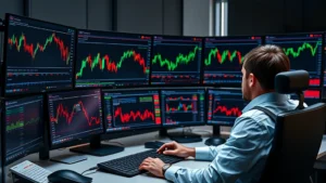 Professional cryptocurrency trader at desk with multiple monitors displaying Bitcoin options charts, order books, and Greeks analytics, photorealistic trading environment