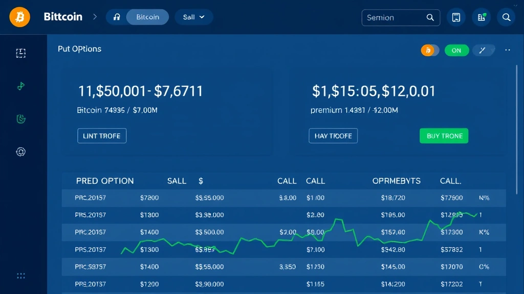 Digital representation of Bitcoin options trading interface showing call and put option contracts with strike prices and premium costs displayed in a modern trading dashboard with blue and green color scheme