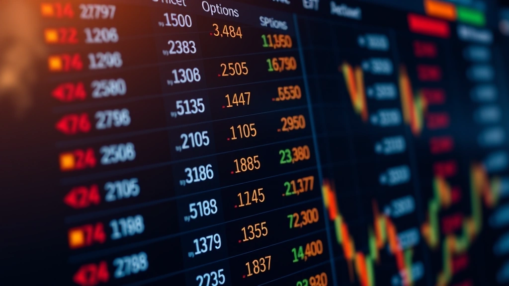 Close-up of cryptocurrency exchange platform interface showing Bitcoin options order book with strike prices and expiration dates, digital trading terminal aesthetic, professional lighting