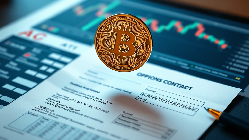Photorealistic image of Bitcoin and digital currency symbols floating above an open options contract document with financial charts, representing derivatives trading