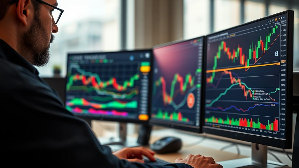 Close-up of a professional trader analyzing Bitcoin options charts on multiple monitors with technical analysis tools, candlesticks, and volatility indicators visible in a contemporary trading room
