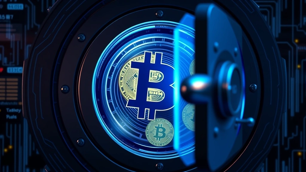 Photorealistic image of a secure digital vault with Bitcoin symbols inside, representing risk management and capital protection in cryptocurrency trading