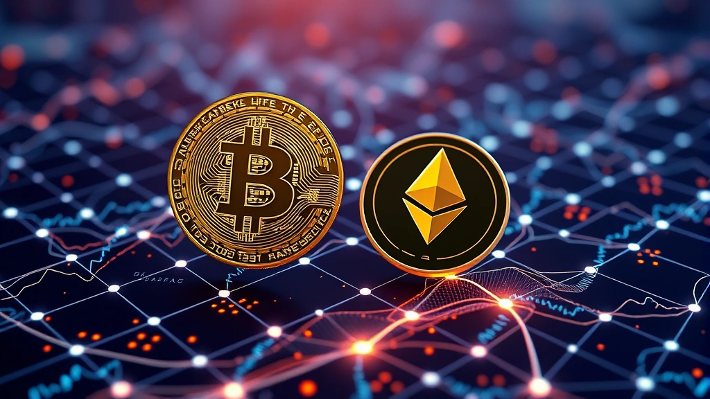 Bitcoin and Ethereum digital coins floating above a glowing network grid representing crypto derivatives market infrastructure and options trading ecosystem