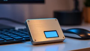 A sleek metallic Bitcoin hardware wallet device displayed on a modern desk with soft blue lighting, showing the device's minimalist design and small screen interface