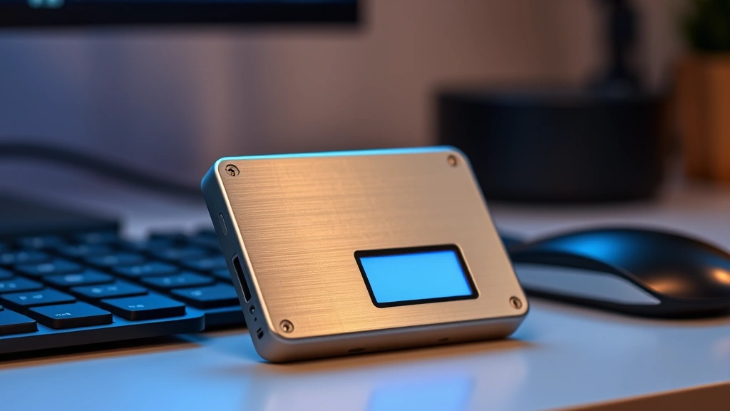 A sleek metallic Bitcoin hardware wallet device displayed on a modern desk with soft blue lighting, showing the device's minimalist design and small screen interface
