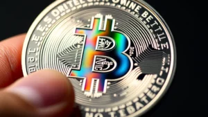 Close-up macro photography of a silver bitcoin commemorative coin displaying holographic security features with precise optical depth and color gradients, held at an angle to showcase three-dimensional hologram patterns and intricate design details, professional studio lighting with soft shadows