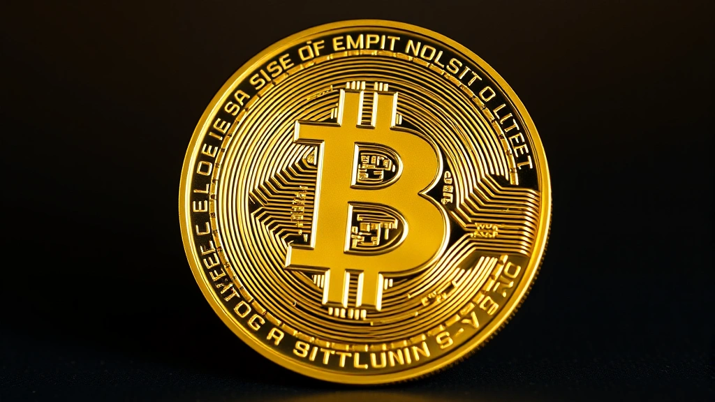Close-up of a gold bitcoin physical coin with intricate bitcoin symbol design, professional lighting highlighting metallic details and texture, isolated on gradient background