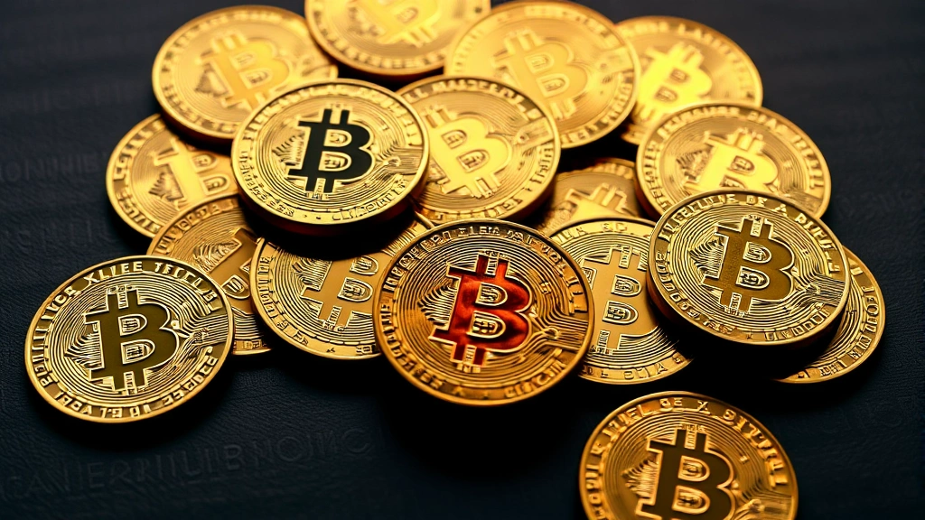 A collection of vintage Casascius physical bitcoin coins arranged artistically on a dark surface, showcasing their golden color and embossed Bitcoin logos with dramatic lighting