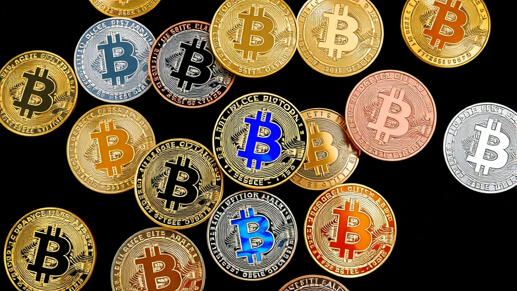 Artistic overhead flat-lay composition of multiple bitcoin physical coins in various finishes including gold, silver, and copper variants arranged on a dark velvet surface, showing different design aesthetics from minimalist to ornate, with selective focus highlighting holographic elements and embossed details