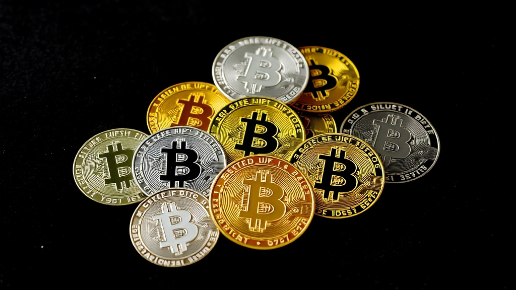 Collection of multiple bitcoin physical coins in various metals including gold, silver, and copper arranged artistically on dark velvet surface with soft studio lighting