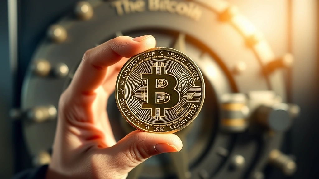 A person's hands holding an ornate commemorative Bitcoin coin with intricate engravings, photographed in natural daylight with blurred background showing a secure vault door