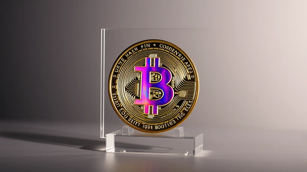 Professional photograph of a bitcoin physical coin in a clear archival acrylic holder with proper display stand, positioned against a neutral background with dramatic side lighting that emphasizes the coin's metallic luster, hologram vibrancy, and three-dimensional sculptural qualities without any text or numerical markings visible