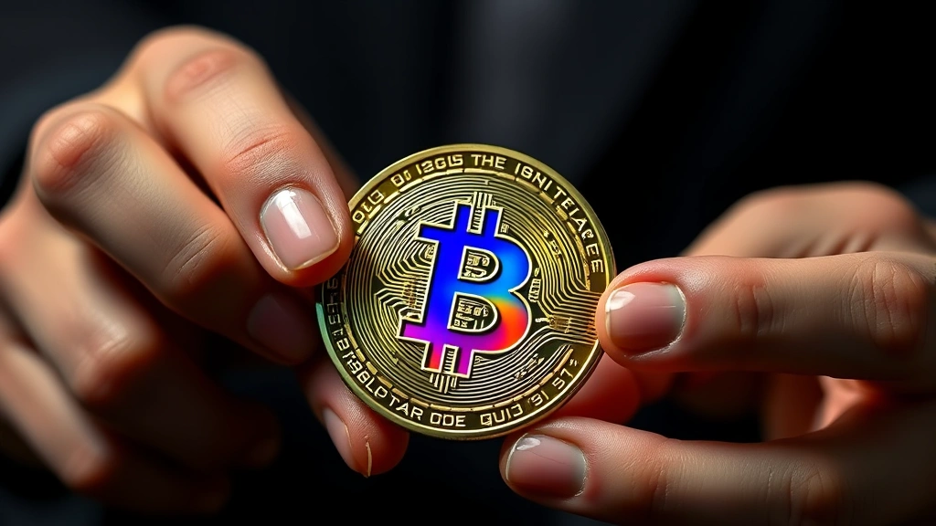 Hands holding a premium bitcoin physical coin showing holographic security feature with tamper-evident design, professional photography emphasizing authenticity and craftsmanship