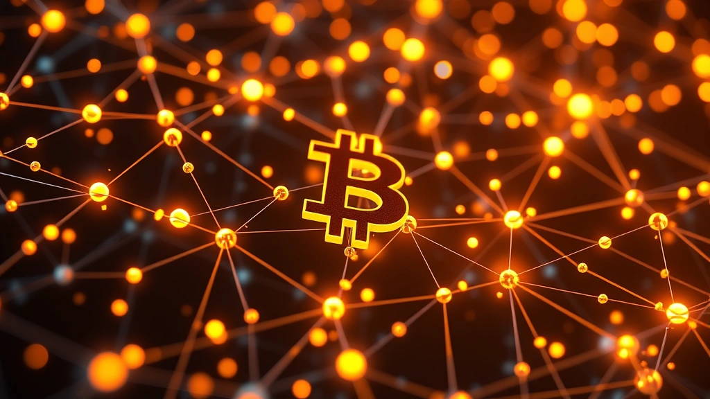 Photorealistic image of a Bitcoin blockchain network visualization with interconnected nodes and glowing data streams, representing cryptocurrency market cycles and technical analysis patterns
